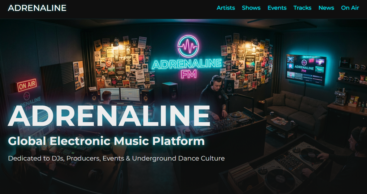 Adrenaline FM website design by Voltra Studio